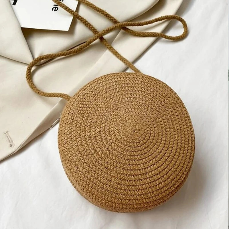 👜🌴 Minimalist Straw Bag – Στρογγυλή Τσάντα Ώμου & Χιαστί, Καλοκαιρινό Στυλ Διακοπών ✨☀️