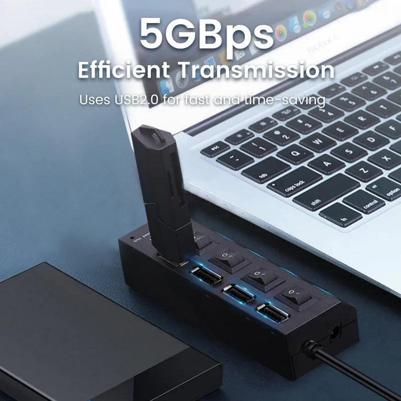 🔌💻 USB 2.0 Hub με 7 Θύρες – Multi USB Splitter με Διακόπτες & LED Ένδειξη