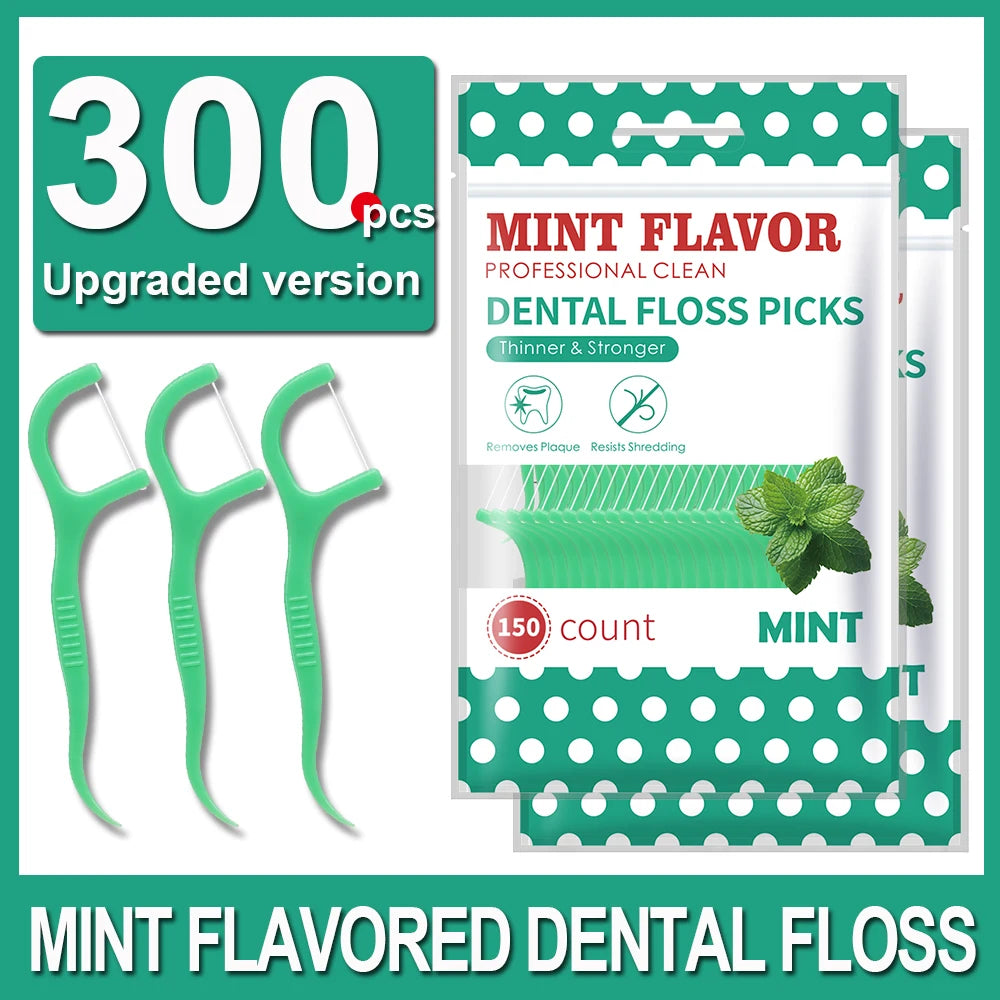 🦷✨ 300pcs Mint Dental Floss Sticks – Οδοντικό Νήμα & Οδοντογλυφίδες σε Ένα 💚