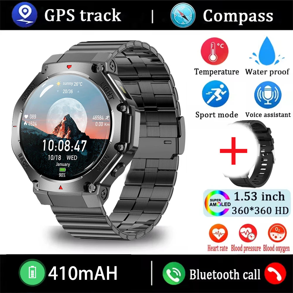 ⌚ 2025 New Men Sports Smart Watch GPS | AMOLED | Heart Rate Monitor | LED Flashlight | NFC | Bluetooth Call | 3ATM Waterproof