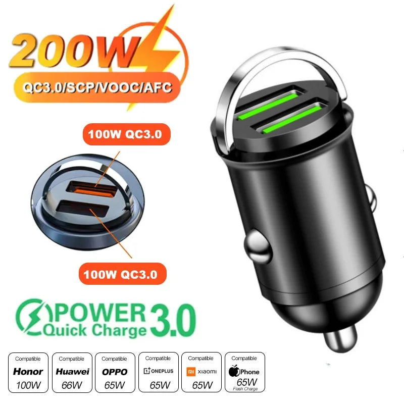 ⚡🚗 Mini Car Charger QC3.0 PD 100W/200W – Dual USB & Type-C Γρήγορος Φορτιστής Αυτοκινήτου 12-24V