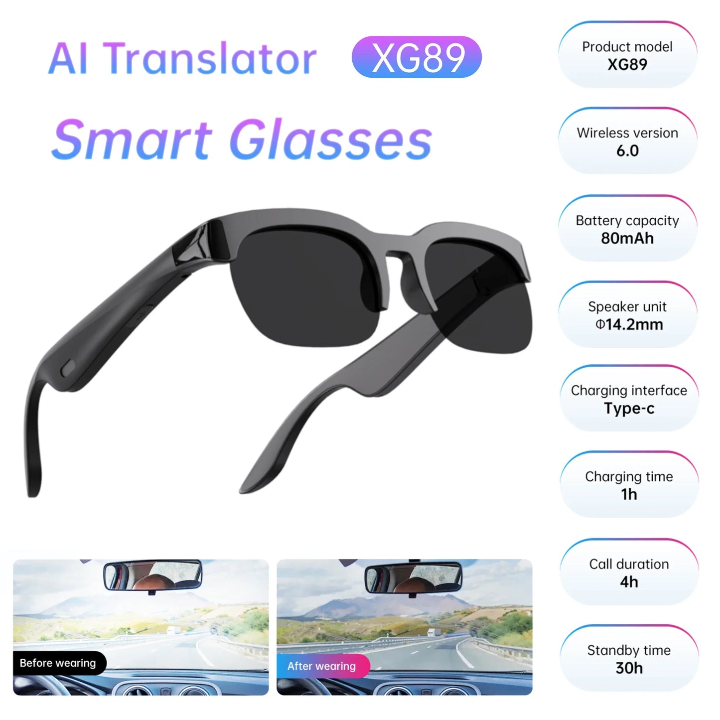 🕶 XG89 Bluetooth AI Smart Translator Glasses – 110+ Γλώσσες | UV Protection | Hands-Free Κλήσεις & Μουσική