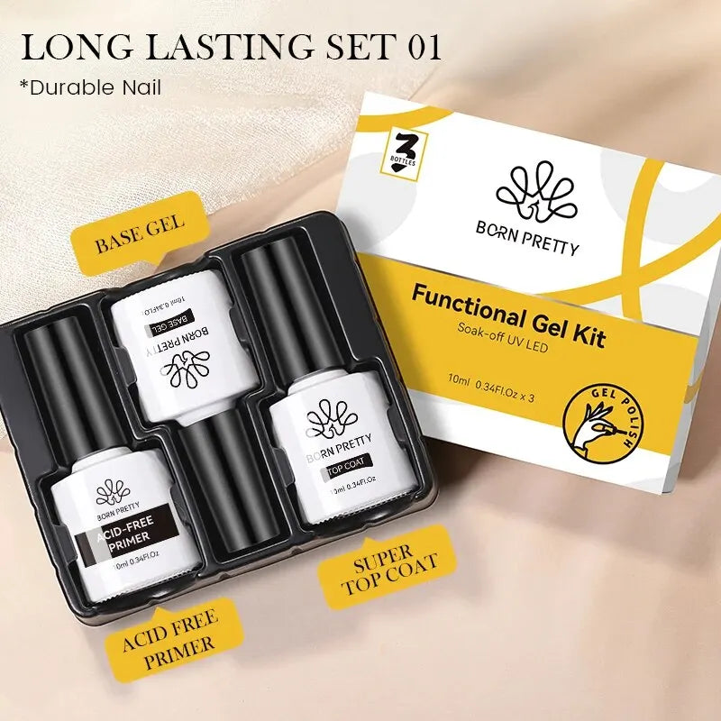 💅✨ BORN PRETTY 3pcs Functional Gel Kit – Base Gel, Super Top Coat & Acid-Free Primer (10ml) 🎯