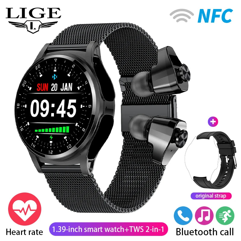 🎯 LIGE NFC Smartwatch με Ενσωματωμένα TWS Ακουστικά – 2 σε 1, Ρολόι & Ακουστικά! 🎯