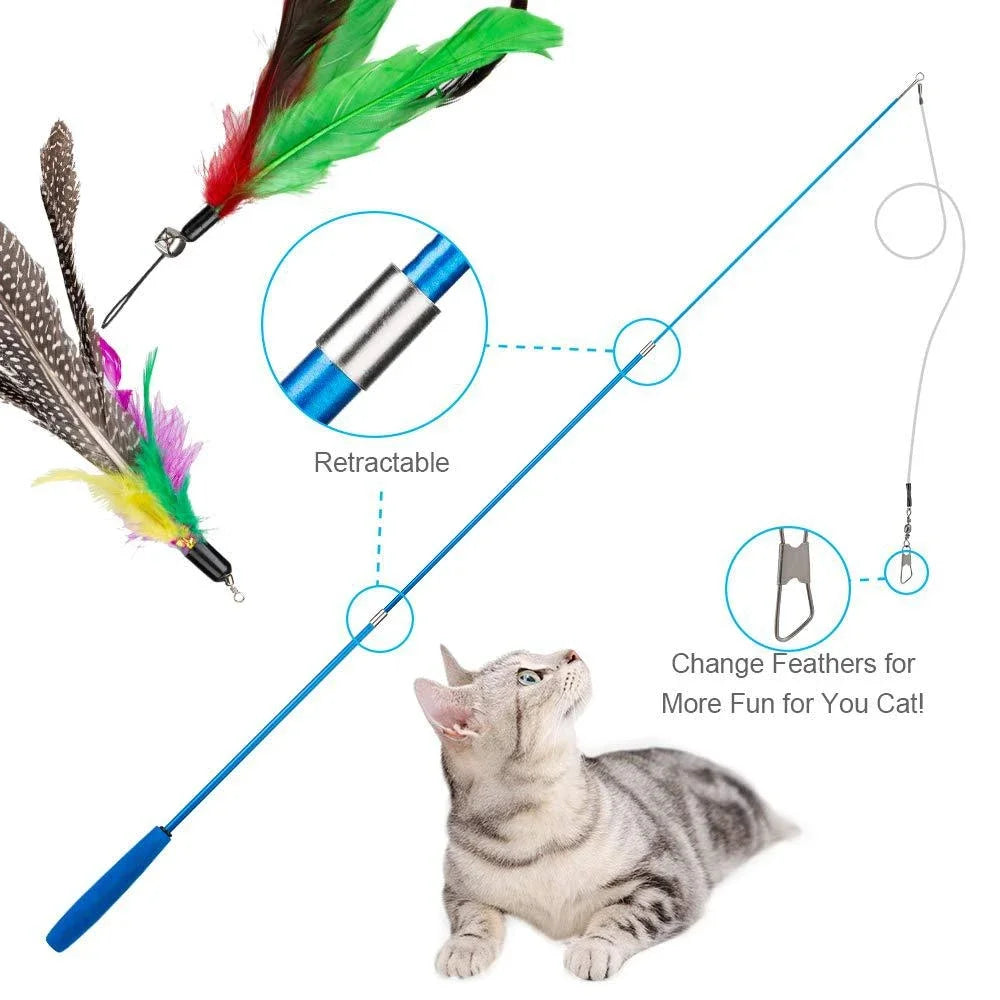 11pcs Cat Feather Toy Set 🐱🪶 | Replacement Heads + Retractable Stick 🎣 | Interactive Play & Exercise ✅