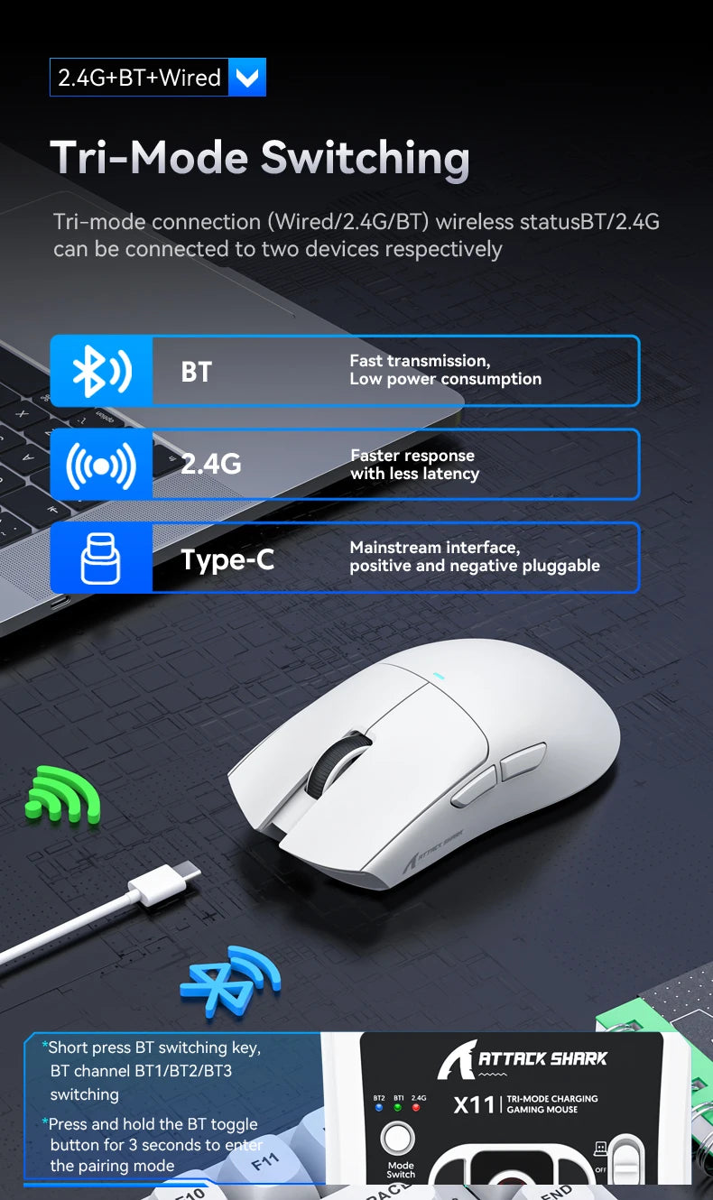 🦈⚡ Attack Shark X11 – Tri-Mode Wireless Gaming Mouse με 22000 DPI, RGB & Macro 🎮 Για απόλυτη ελευθερία και gaming ακρίβεια – 3 τρόποι σύνδεσης, RGB και προγραμματισμός σε ένα mouse!
