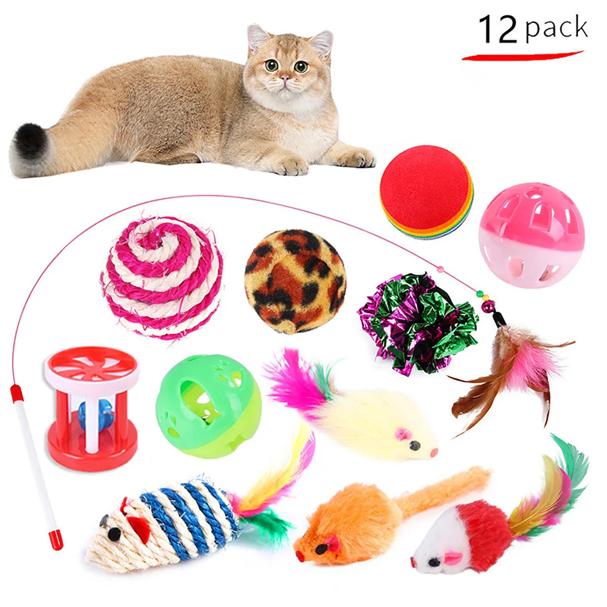 12/20pcs Cat Toy Set 🐱🎁 | Bell Ball, Sisal Mouse & Stick 🎾🐭 | Interactive Play for Kittens & Cats ✅