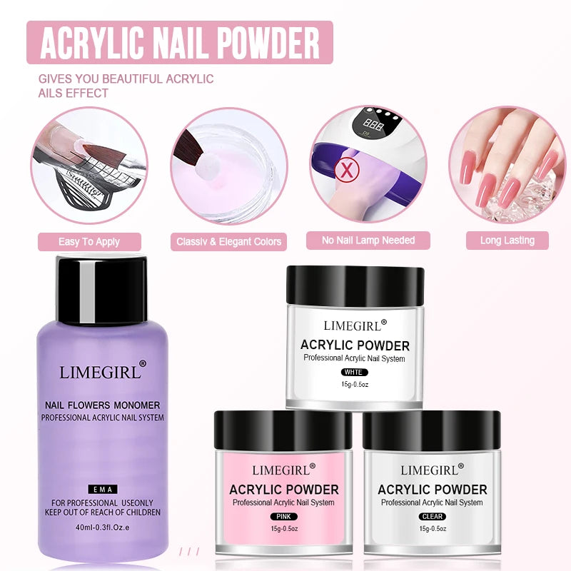💅✨ Acrylic Nail Kit – Crystal Liquid 40ml & Acrylic Powder 45ml (Pink, White, Clear) 🎯