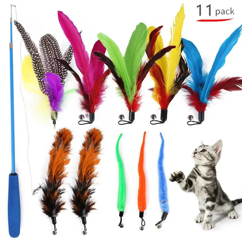 11pcs Cat Feather Toy Set 🐱🪶 | Replacement Heads + Retractable Stick 🎣 | Interactive Play & Exercise ✅