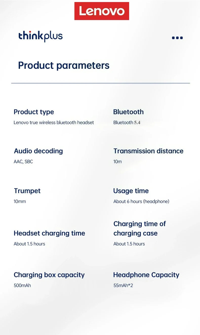 Lenovo XT80 Wireless Bluetooth 5.4 Earphones with Ear Hooks, Microphone & LED Battery Indicator
