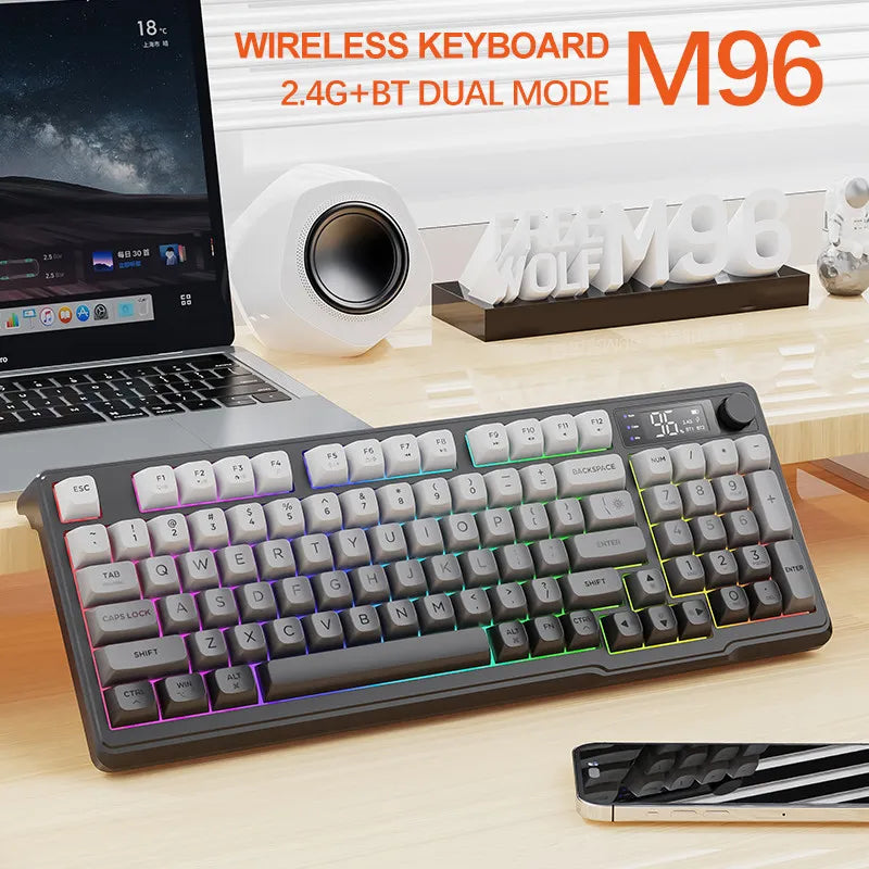 ⌨️🔥 FREEWOLF M96 Wireless Mechanical Keyboard 🌈 Gradient Keycaps | 🔄 Dual-Mode BT/2.4G | 🖥️ OLED Οθόνη | 🔋 Μπαταρία μεγάλης διάρκειας