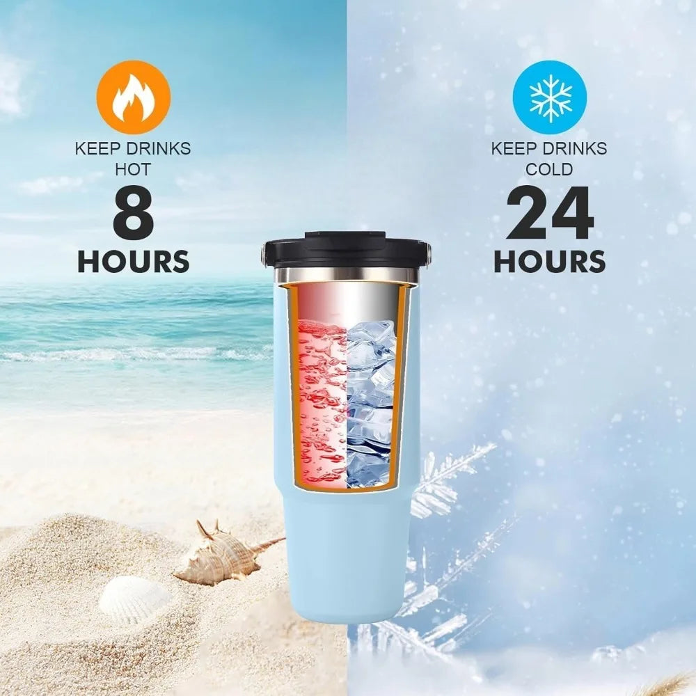 30 Oz Stainless Steel Thermos Mug Tritan Material Double Layer Vacuum Insulation Tape Handle, Perfect for Iced and Hot Drinks