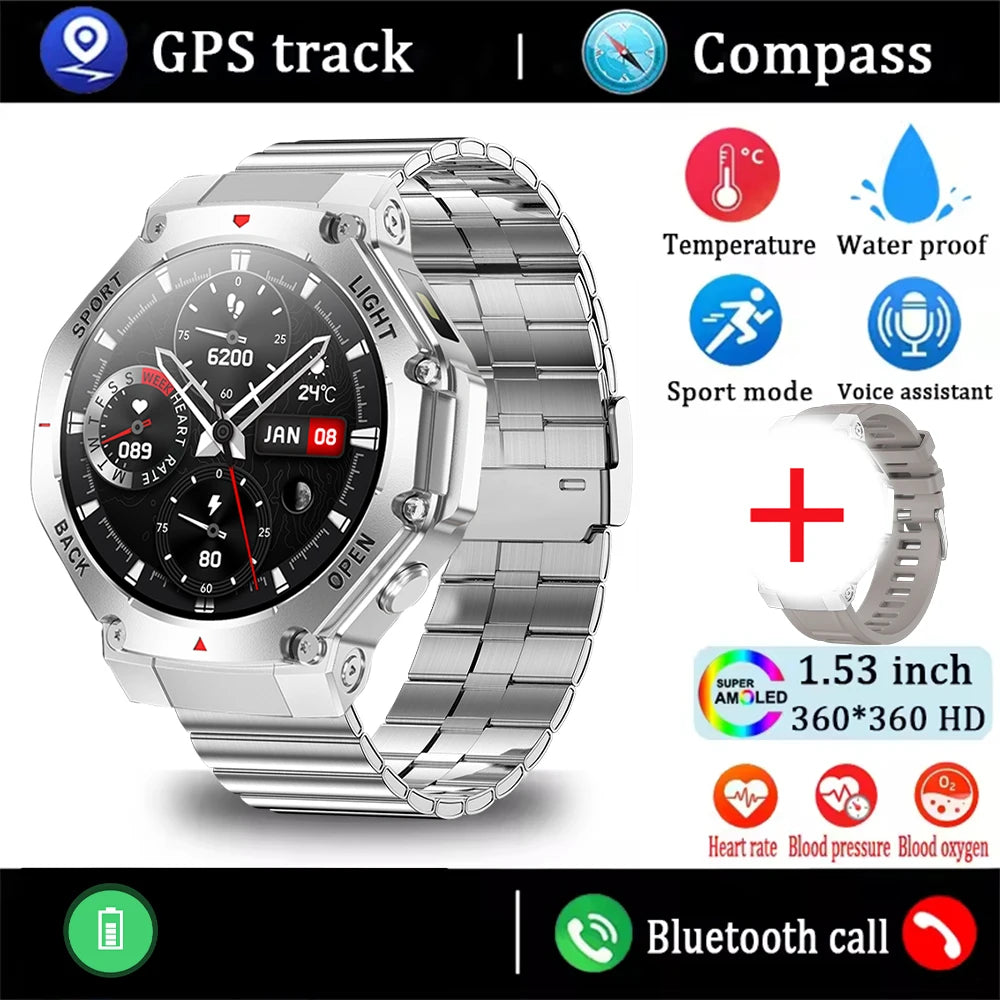 ⌚ 2025 New Men Sports Smart Watch GPS | AMOLED | Heart Rate Monitor | LED Flashlight | NFC | Bluetooth Call | 3ATM Waterproof