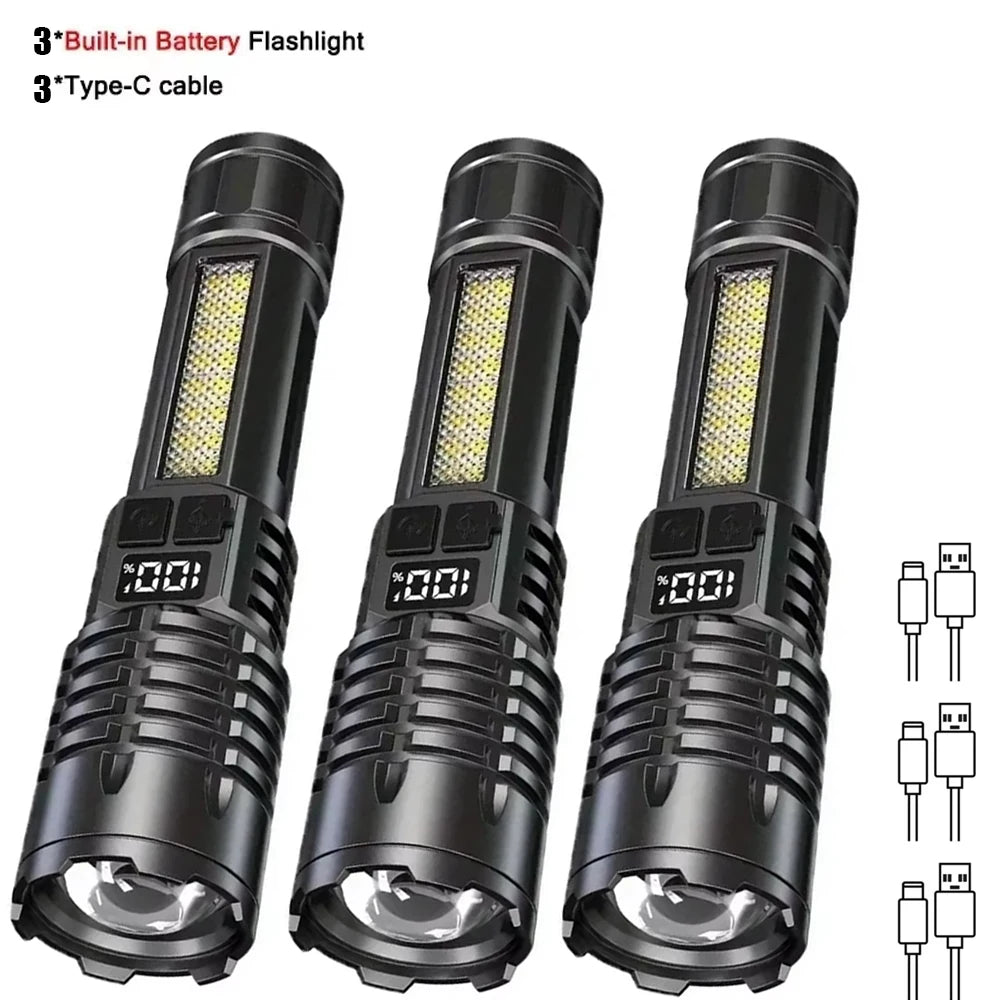 🔦 High Power LED Flashlight – Επαναφορτιζόμενος Φακός με COB Πλευρικό Φως & Type-C Charging