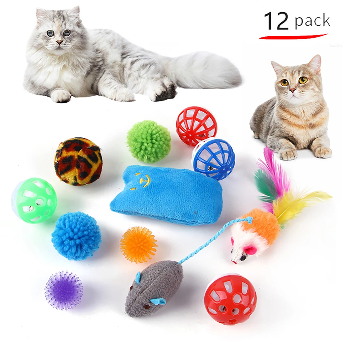 12/20pcs Cat Toy Set 🐱🎁 | Bell Ball, Sisal Mouse & Stick 🎾🐭 | Interactive Play for Kittens & Cats ✅