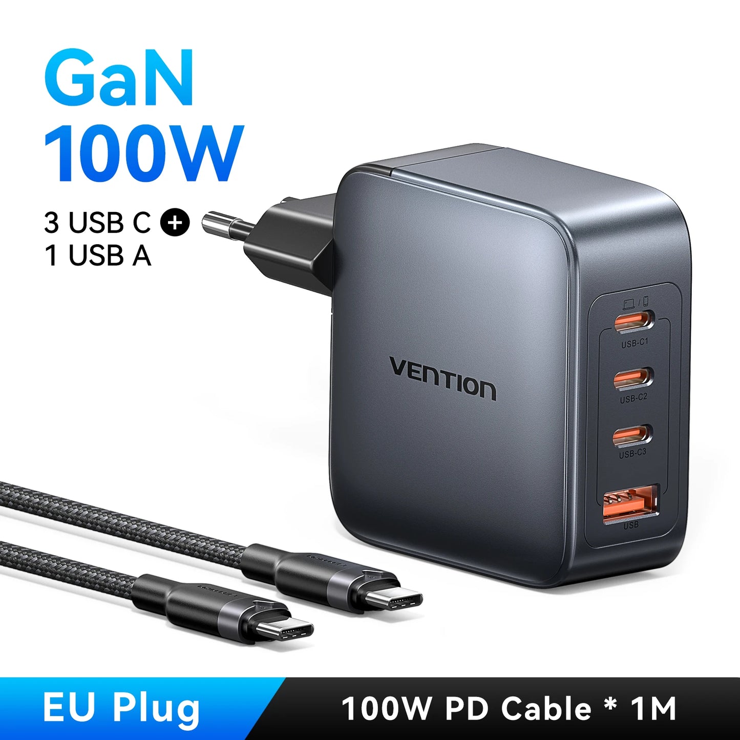 ⚡ Vention 100W GaN Φορτιστής 4 Θυρών USB-C – PD Fast Charge Η απόλυτη λύση για ταυτόχρονη και γρήγορη φόρτιση laptop, tablet και smartphone! 💻📱🔋
