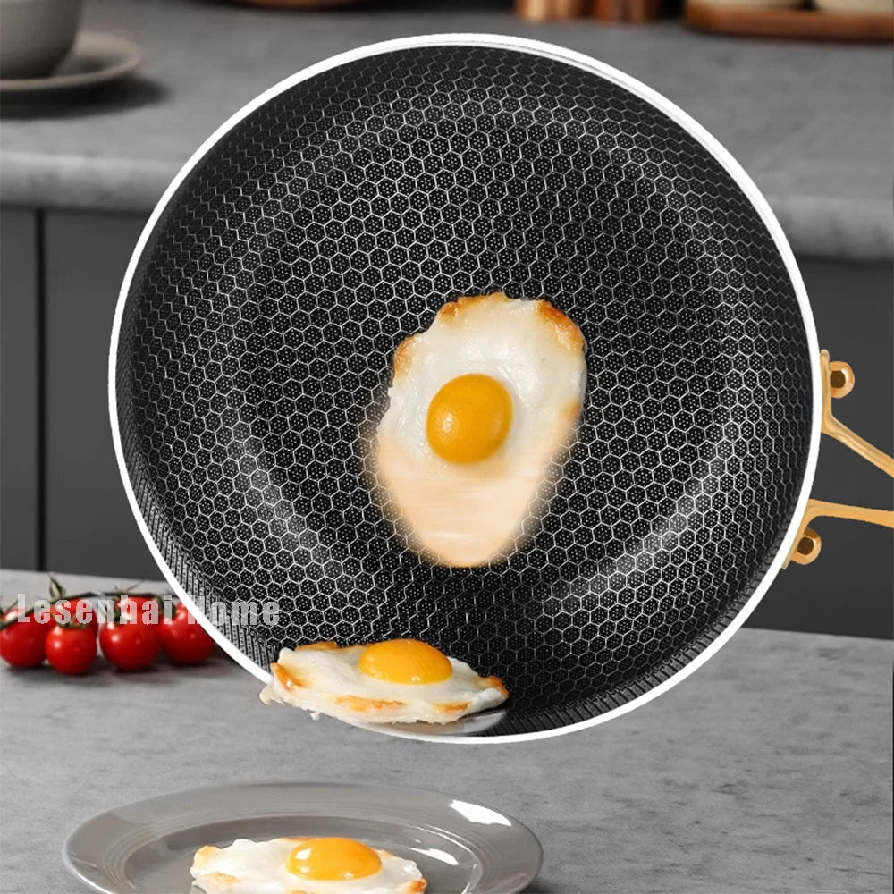 🥘 Wok Τηγάνι 316 Ανοξείδωτου Χάλυβα με Σχέδιο Κυψέλης – 28cm | 7-Ply Αντικολλητικό Σκεύος για Stir-Fry, Μπριζόλες & Καθημερινό Μαγείρεμα