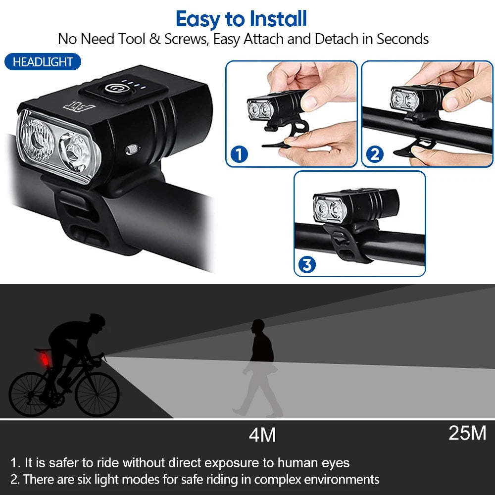 🚴 LED Μπροστινό Φως Ποδηλάτου – Επαναφορτιζόμενο με Type-C, 6 Λειτουργίες & Super Bright Φωτισμό ✨