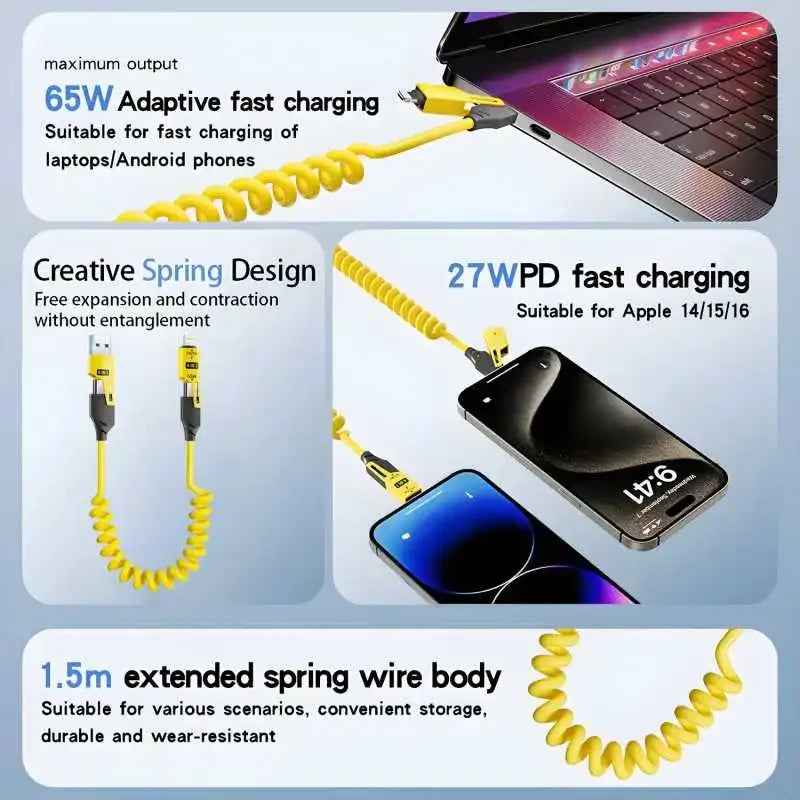 🔌⚡ 4-in-1 Spring Data Cable – Γρήγορη Φόρτιση & Απόλυτη Ευελιξία! ⚡🔌 65W | 6A | Retractable USB Type-C | Compatible with iPhone 15/14/13/12 & More