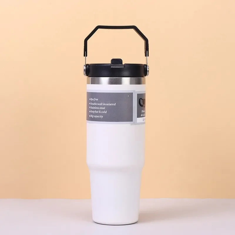30 Oz Stainless Steel Thermos Mug Tritan Material Double Layer Vacuum Insulation Tape Handle, Perfect for Iced and Hot Drinks