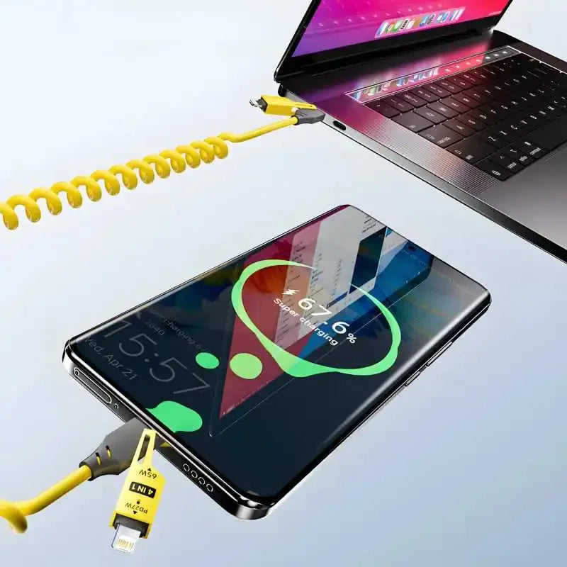 🔌⚡ 4-in-1 Spring Data Cable – Γρήγορη Φόρτιση & Απόλυτη Ευελιξία! ⚡🔌 65W | 6A | Retractable USB Type-C | Compatible with iPhone 15/14/13/12 & More