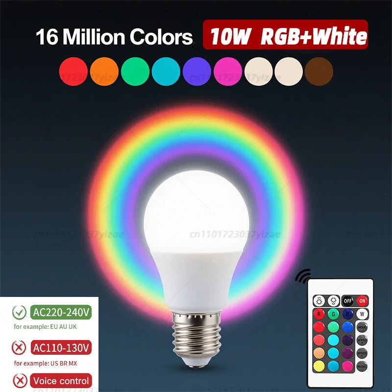 🌈💡 RGBW LED Bulb με Remote Control – 16 Χρώματα + Λευκό Φως | E27 Base 220V, 9W