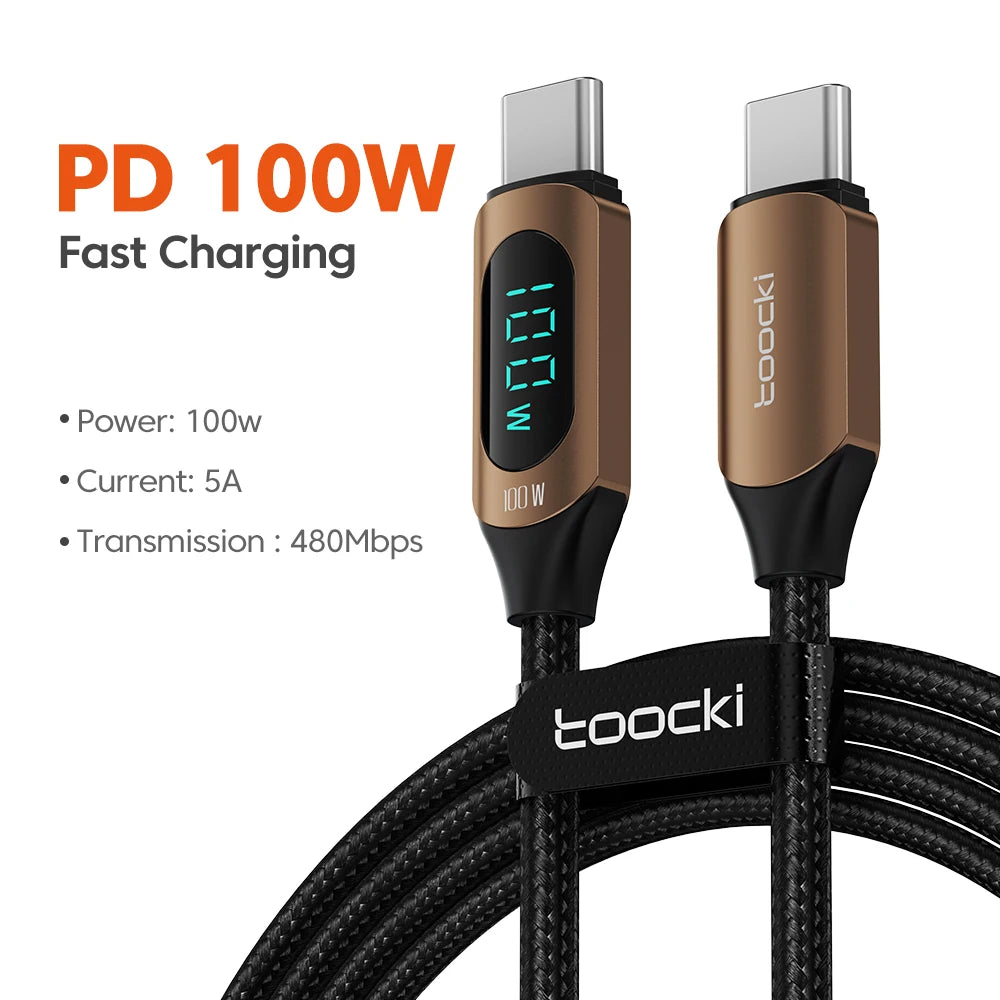 ⚡🔌 Toocki 100W USB-C Cable – Υψηλής Ταχύτητας Καλώδιο Φόρτισης & Δεδομένων 🔋 Με LED Digital Display (5A)