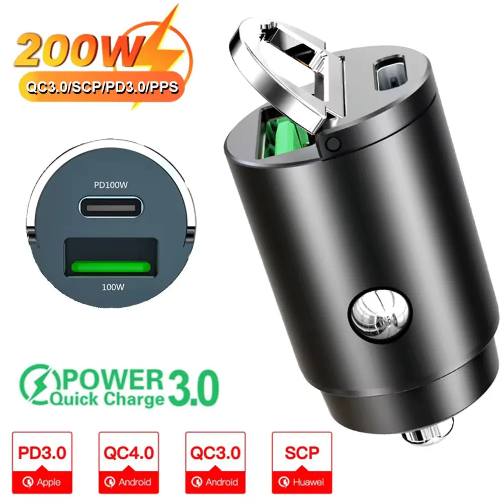 ⚡🚗 Mini Car Charger QC3.0 PD 100W/200W – Dual USB & Type-C Γρήγορος Φορτιστής Αυτοκινήτου 12-24V