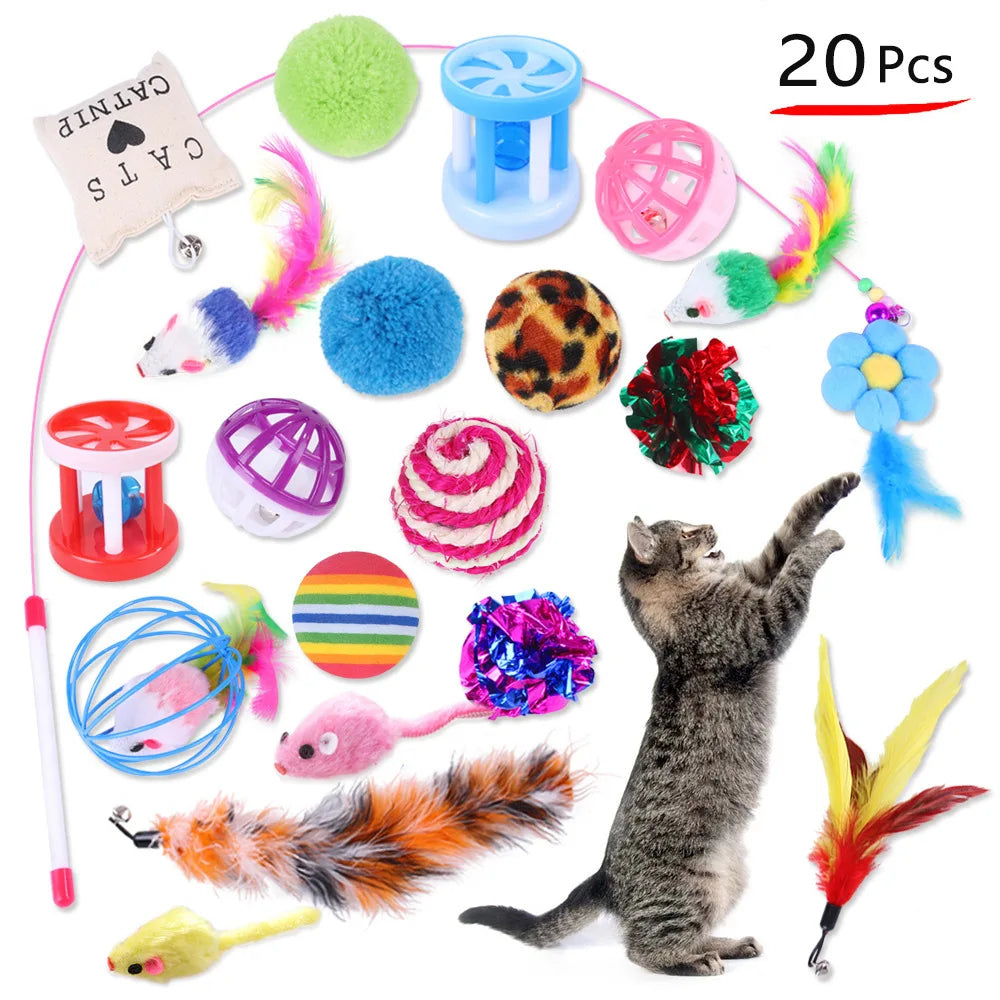 12/20pcs Cat Toy Set 🐱🎁 | Bell Ball, Sisal Mouse & Stick 🎾🐭 | Interactive Play for Kittens & Cats ✅
