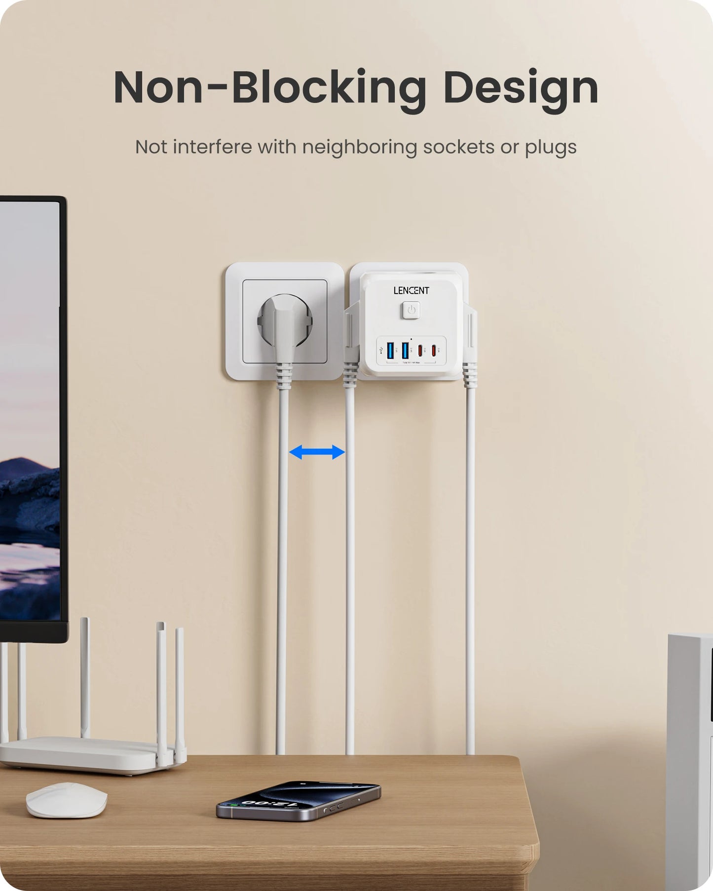 LENCENT EU Plug Cube 🔌 | 7-in-1 Power Hub ⚡ | 3 AC + 2 USB + 2 Type-C 🔋 | On/Off Switch ✅
