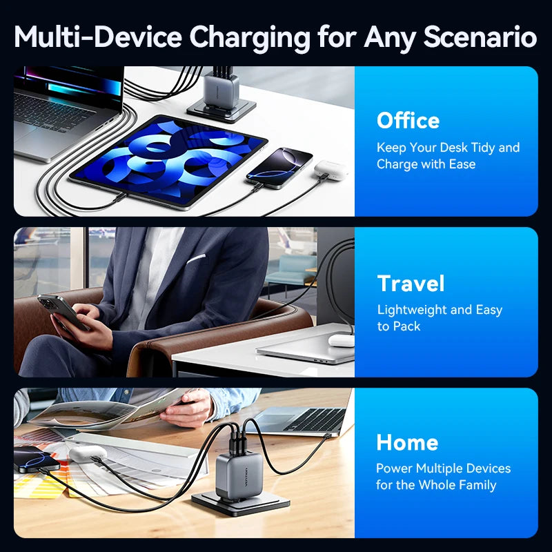 ⚡ Vention 100W GaN Φορτιστής 4 Θυρών USB-C – PD Fast Charge Η απόλυτη λύση για ταυτόχρονη και γρήγορη φόρτιση laptop, tablet και smartphone! 💻📱🔋