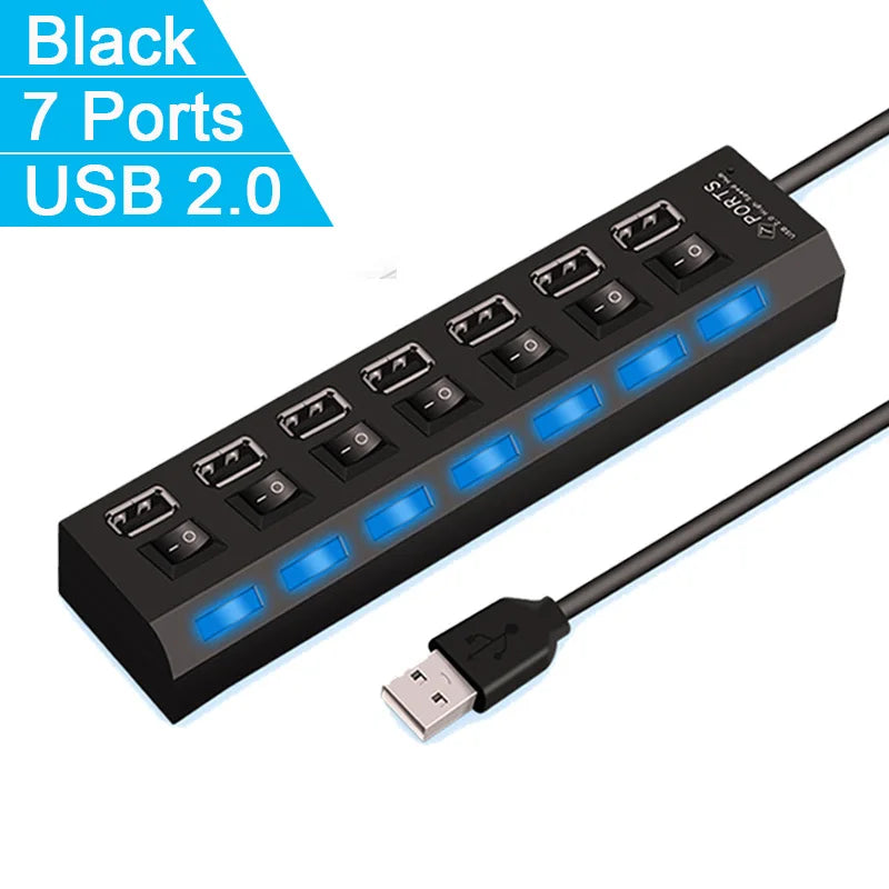 🔌 High Speed USB 2.0 Hub – 4/7 Θύρες με LED & Ανεξάρτητους Διακόπτες για PC & Laptop