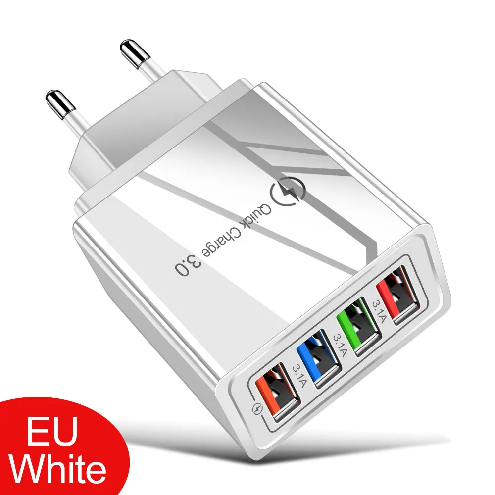 ⚡ EU/US Plug USB Charger Quick Charge 3.0 – Φορτιστής Τοίχου 4 Θυρών 48W
