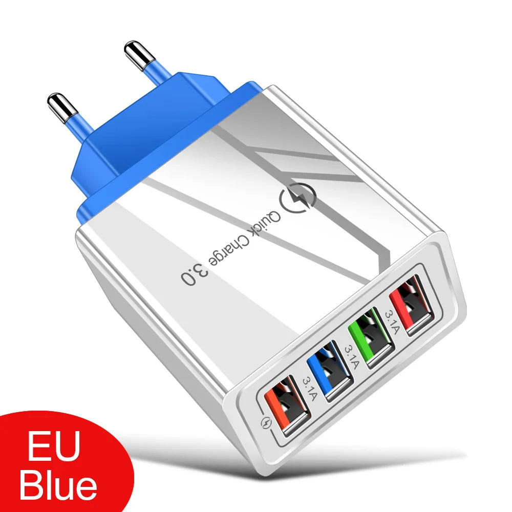 ⚡ EU/US Plug USB Charger Quick Charge 3.0 – Φορτιστής Τοίχου 4 Θυρών 48W