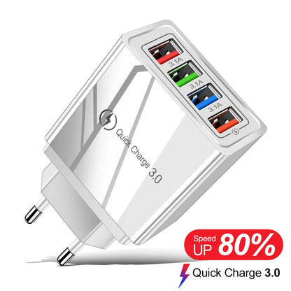 ⚡ EU/US Plug USB Charger Quick Charge 3.0 – Φορτιστής Τοίχου 4 Θυρών 48W