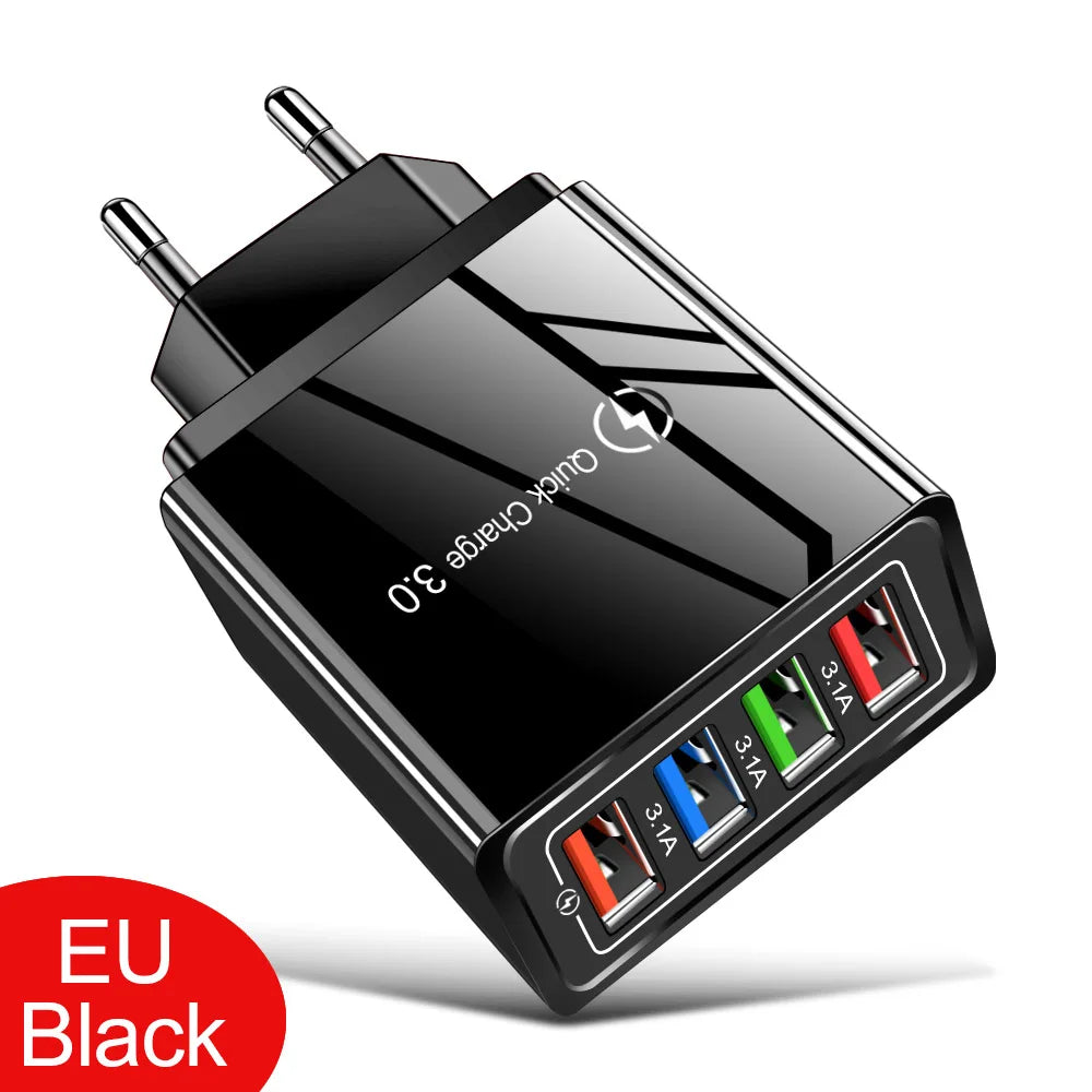 ⚡ EU/US Plug USB Charger Quick Charge 3.0 – Φορτιστής Τοίχου 4 Θυρών 48W