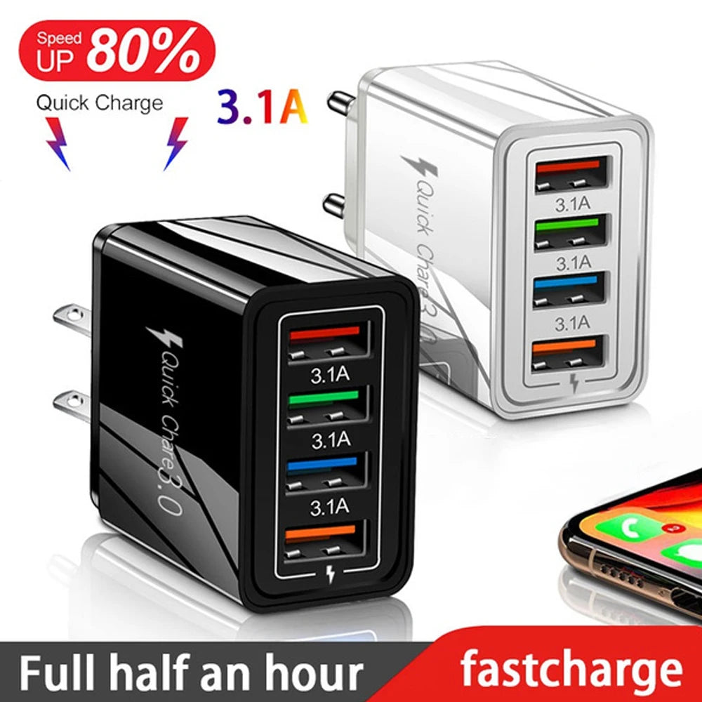 ⚡ EU/US Plug USB Charger Quick Charge 3.0 – Φορτιστής Τοίχου 4 Θυρών 48W