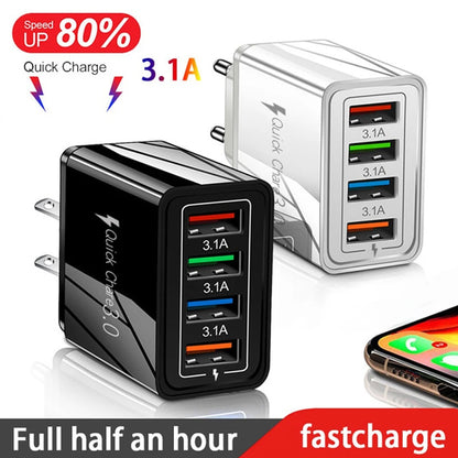 ⚡ EU/US Plug USB Charger Quick Charge 3.0 – Φορτιστής Τοίχου 4 Θυρών 48W