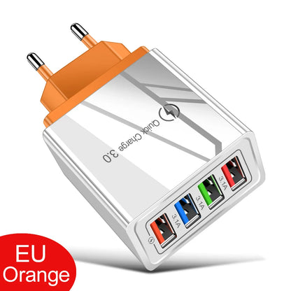 ⚡ EU/US Plug USB Charger Quick Charge 3.0 – Φορτιστής Τοίχου 4 Θυρών 48W
