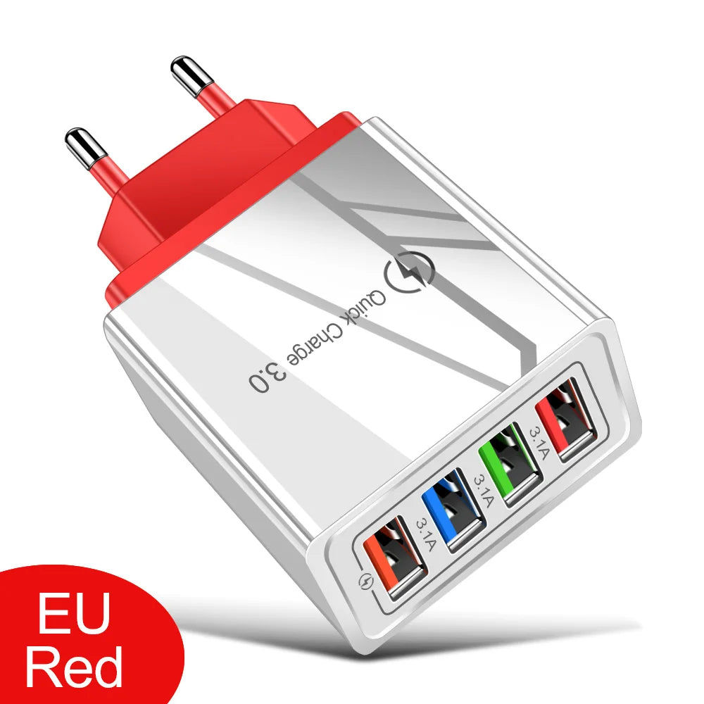 ⚡ EU/US Plug USB Charger Quick Charge 3.0 – Φορτιστής Τοίχου 4 Θυρών 48W