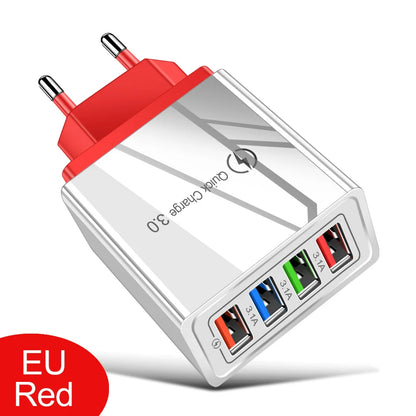 ⚡ EU/US Plug USB Charger Quick Charge 3.0 – Φορτιστής Τοίχου 4 Θυρών 48W