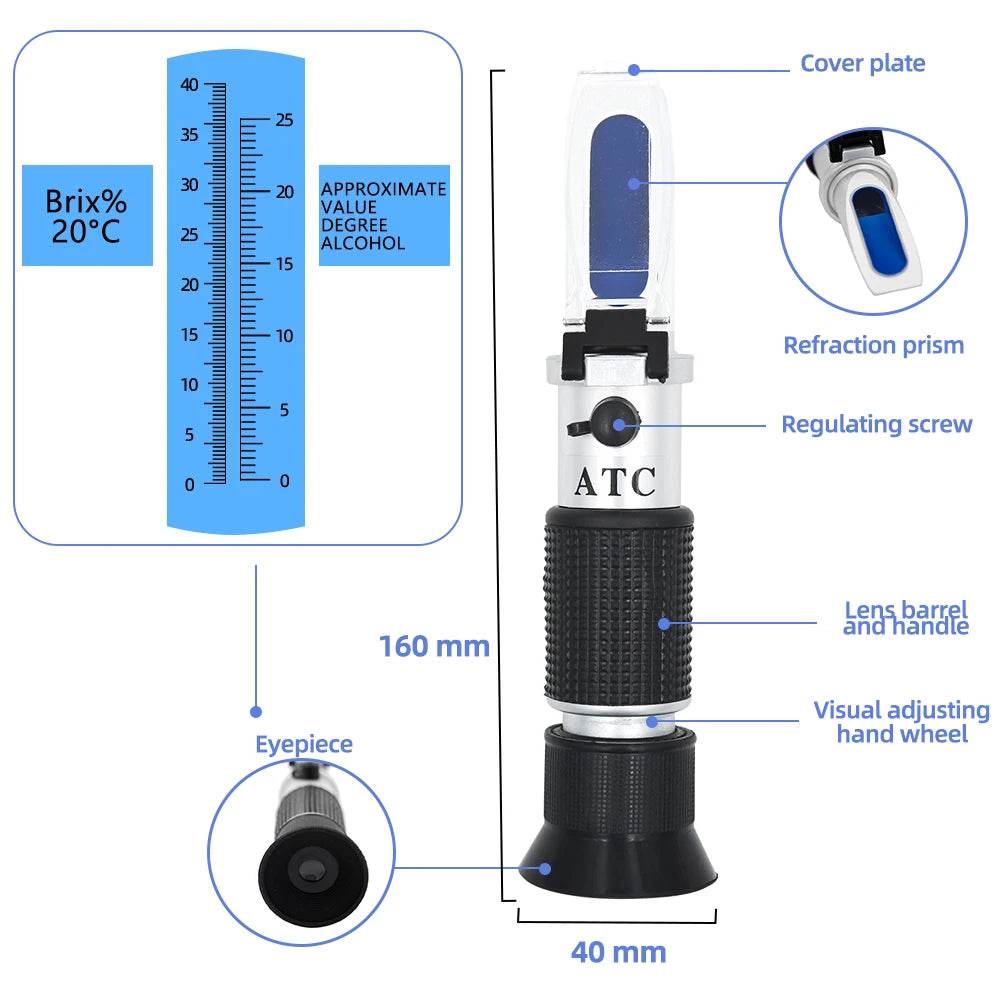 🍇🍷 Handheld Refractometer Tester 🚀 (Αλκοόλ 0-25% / Brix 0-40%)