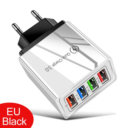 ⚡ EU/US Plug USB Charger Quick Charge 3.0 – Φορτιστής Τοίχου 4 Θυρών 48W