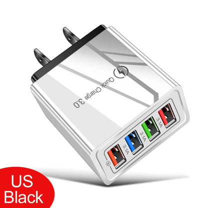 ⚡ EU/US Plug USB Charger Quick Charge 3.0 – Φορτιστής Τοίχου 4 Θυρών 48W