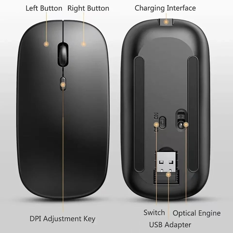 🖱️ Rechargeable Wireless Mouse – Dual Mode Bluetooth + 2.4GHz • Silent Click • Rechargeable Battery • 800–1600 DPI • Ultra-Slim Design ⚡