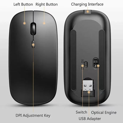 🖱️ Rechargeable Wireless Mouse – Dual Mode Bluetooth + 2.4GHz • Silent Click • Rechargeable Battery • 800–1600 DPI • Ultra-Slim Design ⚡