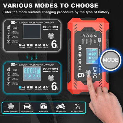 🔋🚗 Smart Battery Charger 12V 6A – Car & Motorcycle with LCD Repair Mode 🚗🔋