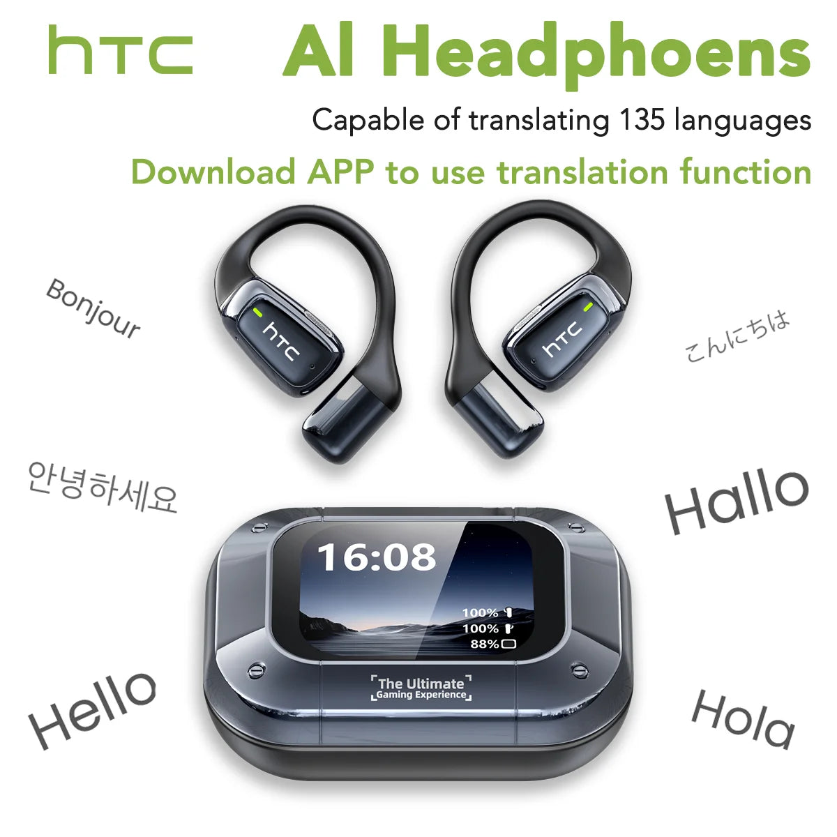 HTC NE25 AI Translator Earbuds with LCD Touch Screen – Open-Ear Bluetooth 5.3 Earbuds with Translation in 134 Languages & 50 Hours of Battery Life
