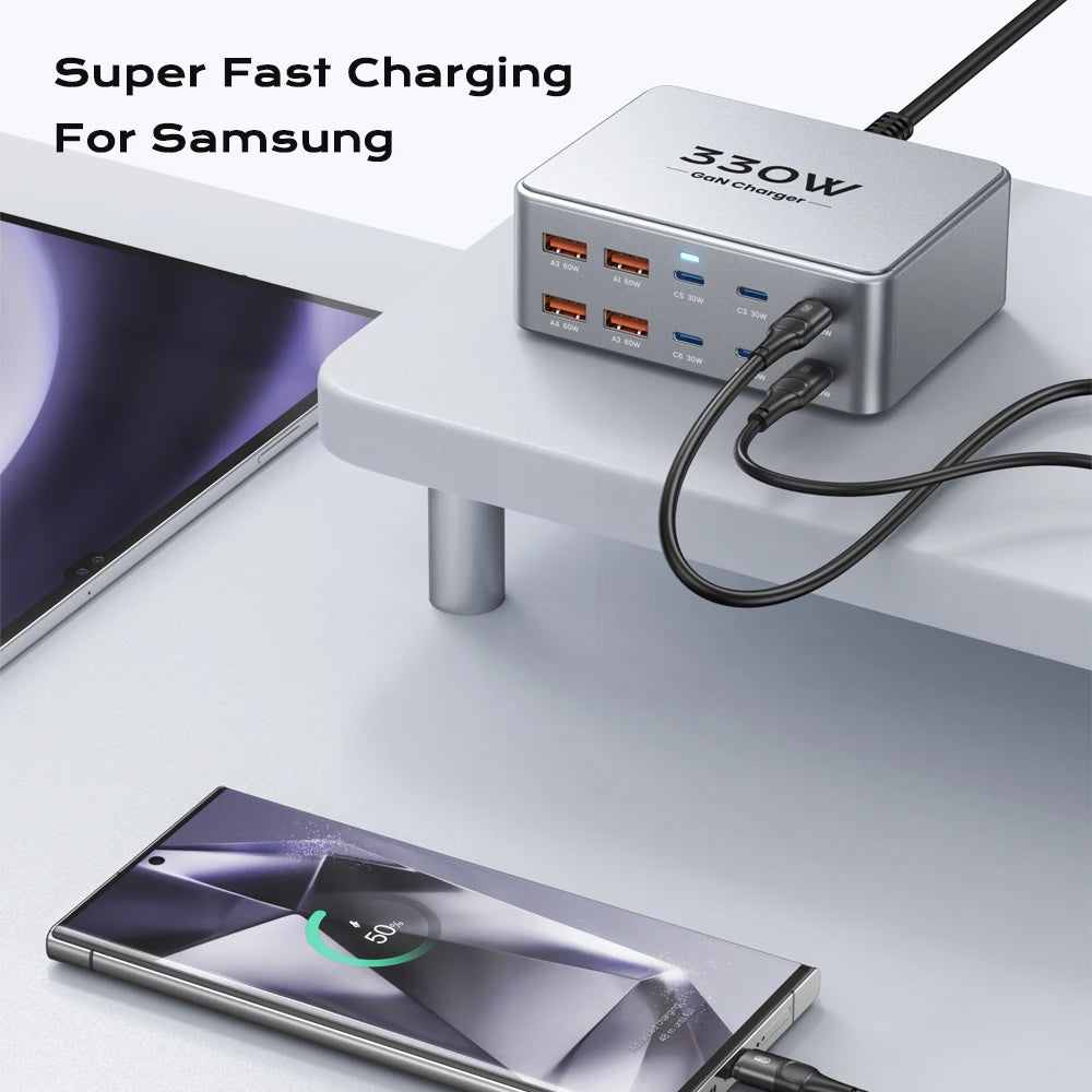 ⚡🔌 330W USB-C GaN Multiport Charger – 10 Θύρες (6 USB-C + 4 USB-A) PD 3.0 / QC 3.0