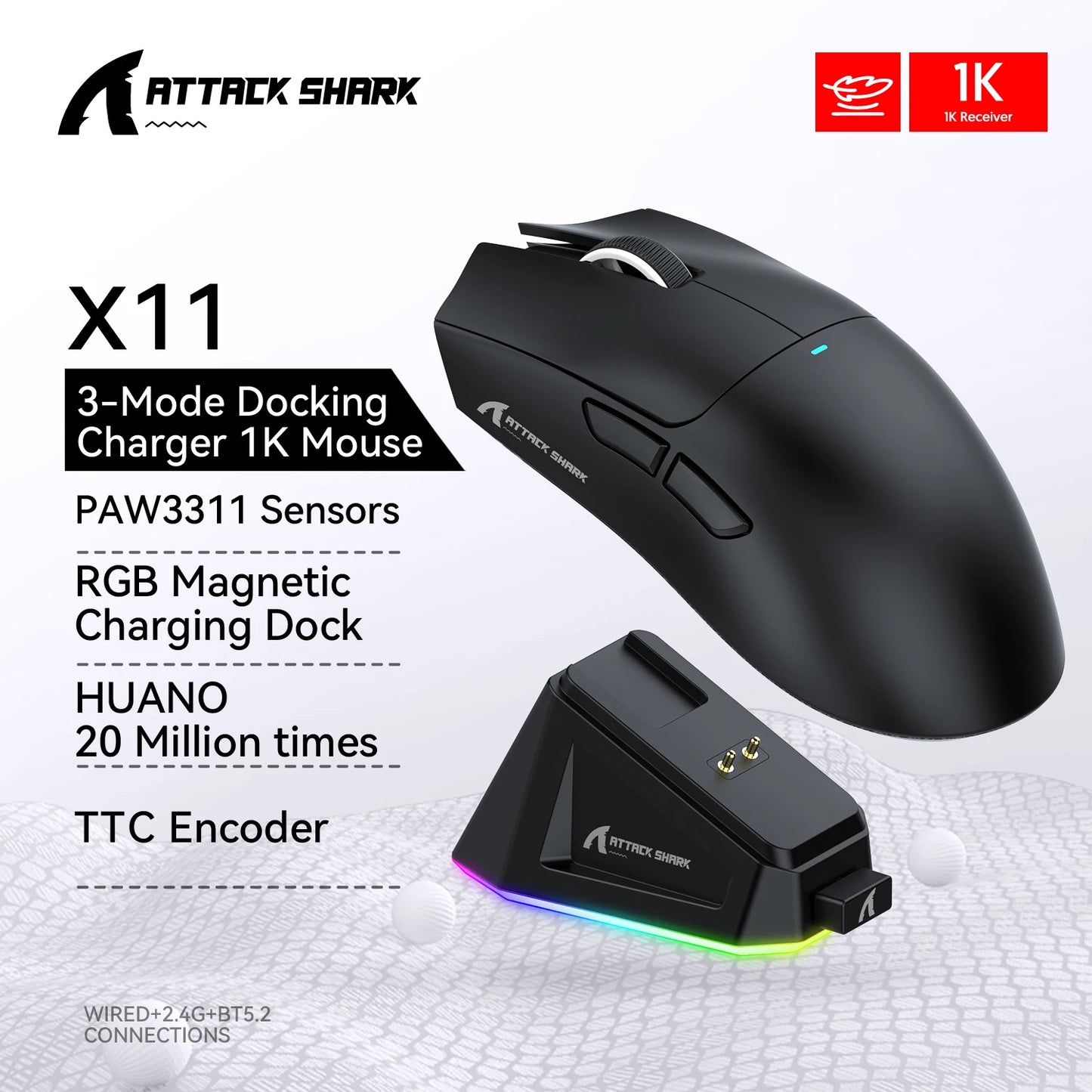 🦈 Attack Shark X11 Wireless Gaming Mouse PAW3311 • 22.000 DPI • Tri-Mode • RGB • 400 IPS • 40G Acceleration • Ultra-Light 63g ⚡🔥